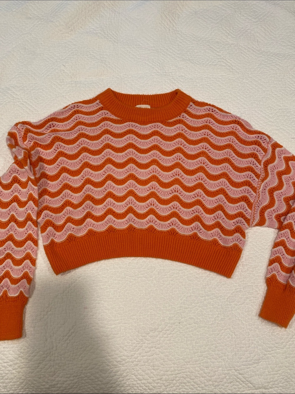 Lina Orange and Pink Wave Knit Cropped Crewneck Sweater